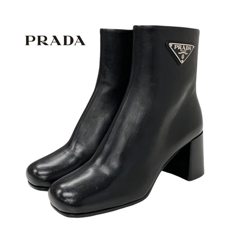 Prada Boots Short Boots Shoes Leather Black Triangle Logo