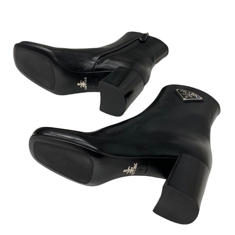 Prada Boots Short Boots Shoes Leather Black Triangle Logo