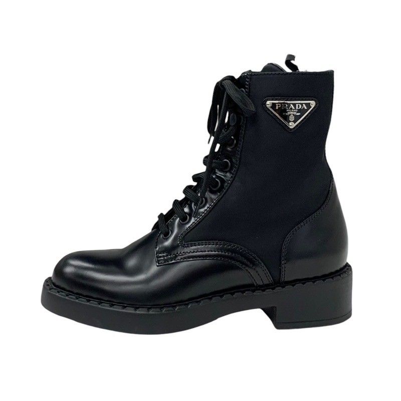 Prada Boots Short Boots Shoes Leather Nylon Black Silver Triangle Logo Lace Up