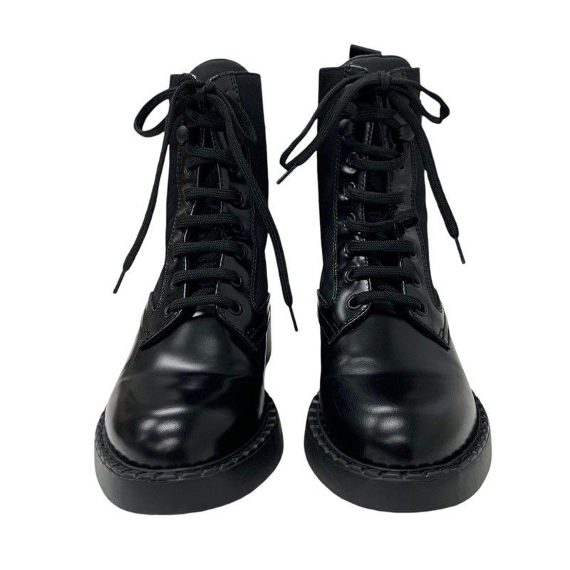 Prada Boots Short Boots Shoes Leather Nylon Black Silver Triangle Logo Lace Up
