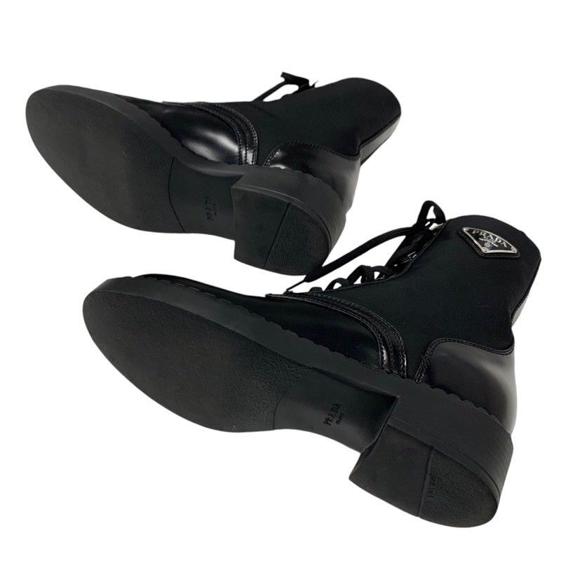 Prada Boots Short Boots Shoes Leather Nylon Black Silver Triangle Logo Lace Up