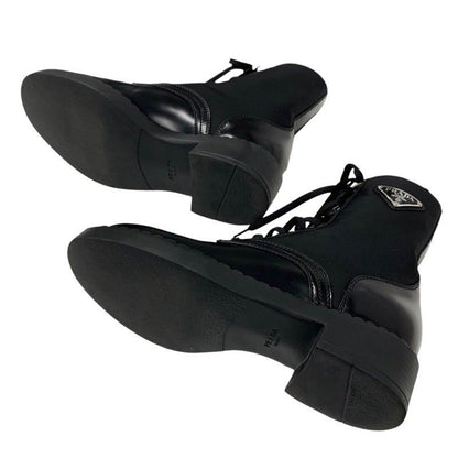 Prada Boots Short Boots Shoes Leather Nylon Black Silver Triangle Logo Lace Up