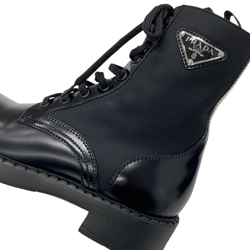 Prada Boots Short Boots Shoes Leather Nylon Black Silver Triangle Logo Lace Up