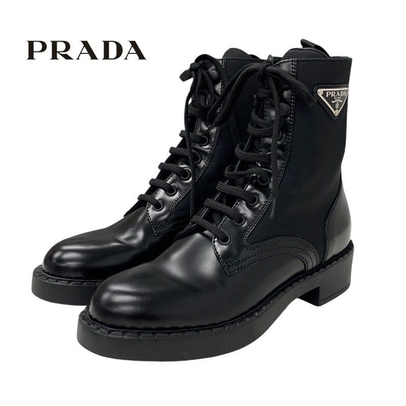 Prada Boots Short Boots Shoes Leather Nylon Black Silver Triangle Logo Lace Up