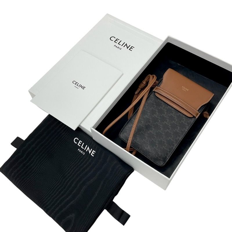 Celine Mobile/smartphone Accessories Brown Triomphe Logo Mobile Pouch With Flap