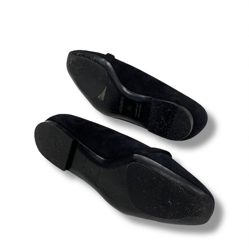 Hermes Bilbao Flat Shoes Suede Black Gold Kelly Hardware