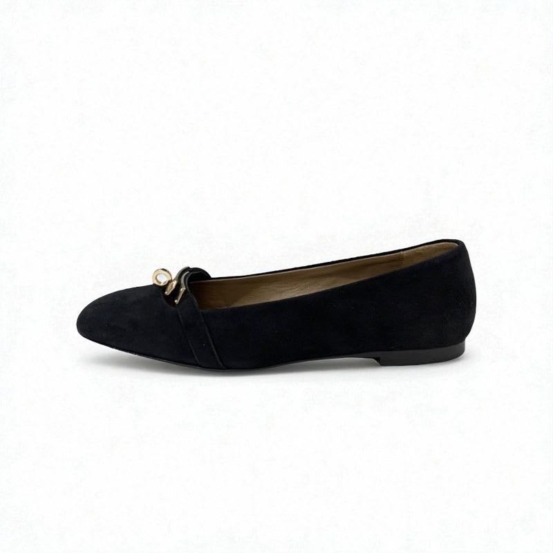 Hermes Bilbao Flat Shoes Suede Black Gold Kelly Hardware