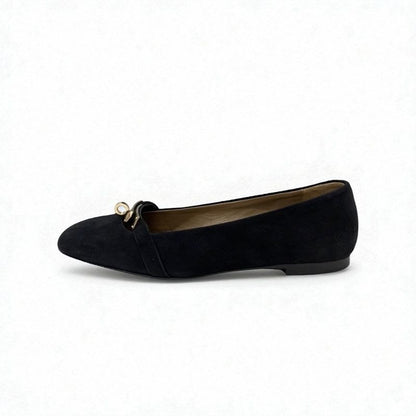 Hermes Bilbao Flat Shoes Suede Black Gold Kelly Hardware