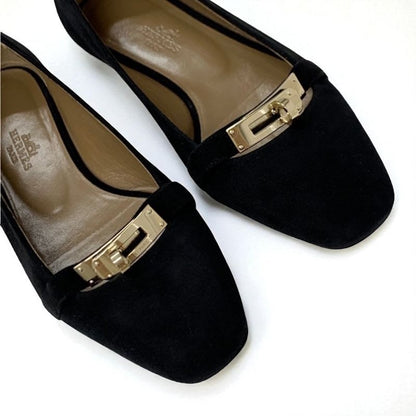 Hermes Bilbao Flat Shoes Suede Black Gold Kelly Hardware