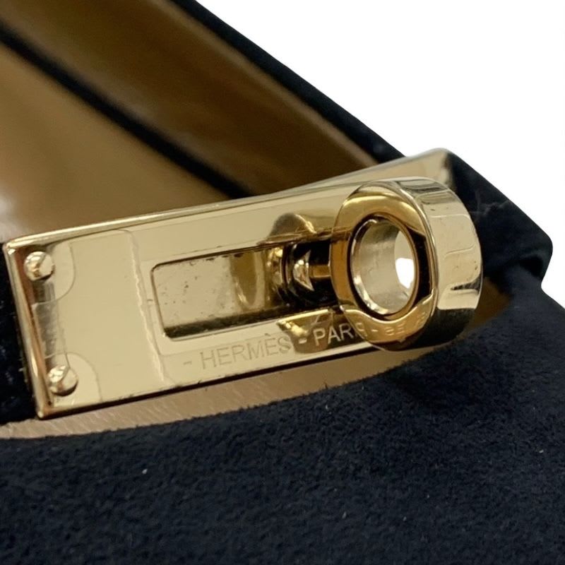 Hermes Bilbao Flat Shoes Suede Black Gold Kelly Hardware