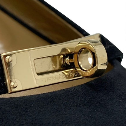 Hermes Bilbao Flat Shoes Suede Black Gold Kelly Hardware