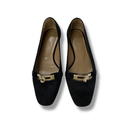 Hermes Bilbao Flat Shoes Suede Black Gold Kelly Hardware