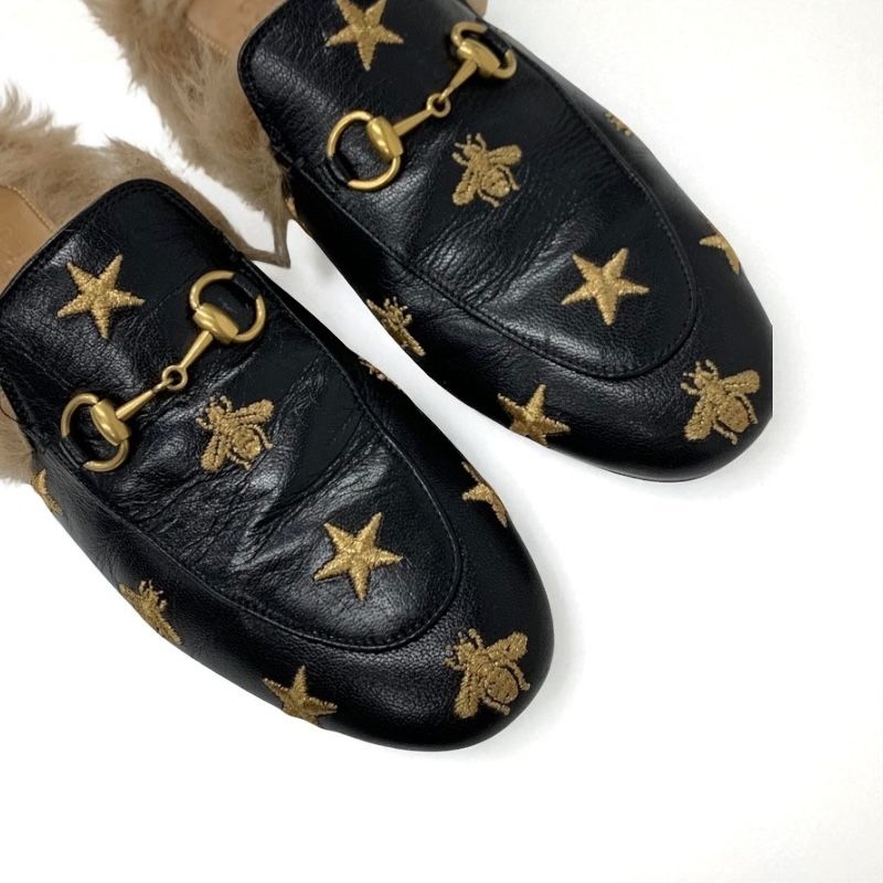 Gucci Prince Town Flat Shoes Leather Fur Black Brown Gold Horsebit Star Bee