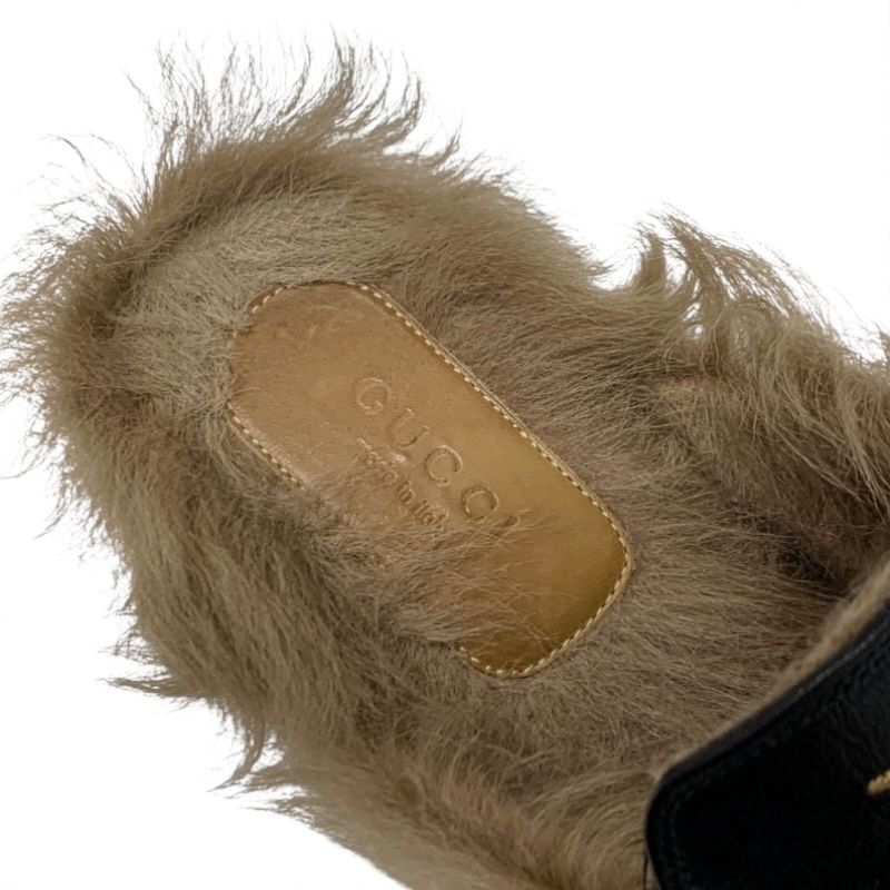 Gucci Prince Town Flat Shoes Leather Fur Black Brown Gold Horsebit Star Bee