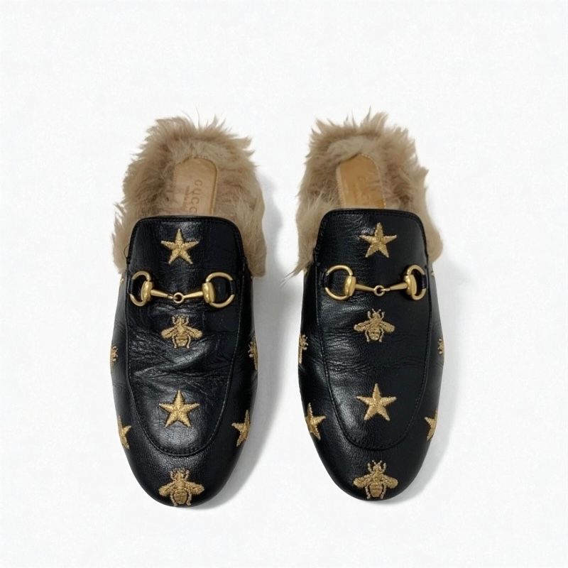 Gucci Prince Town Flat Shoes Leather Fur Black Brown Gold Horsebit Star Bee