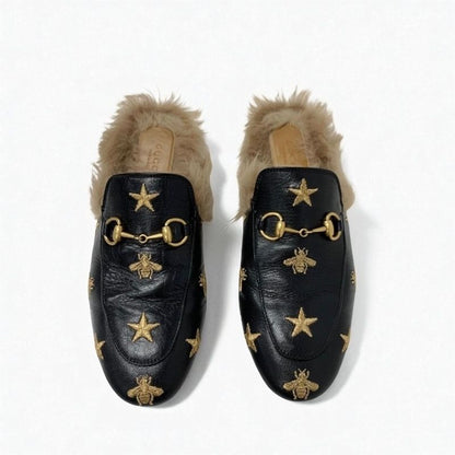 Gucci Prince Town Flat Shoes Leather Fur Black Brown Gold Horsebit Star Bee