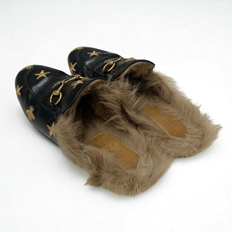 Gucci Prince Town Flat Shoes Leather Fur Black Brown Gold Horsebit Star Bee
