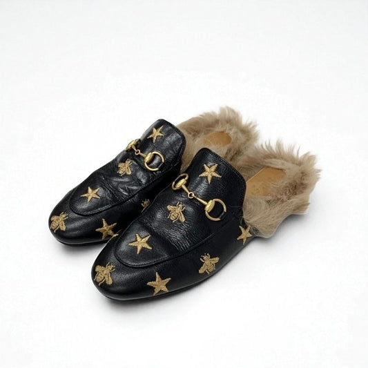 Gucci Prince Town Flat Shoes Leather Fur Black Brown Gold Horsebit Star Bee