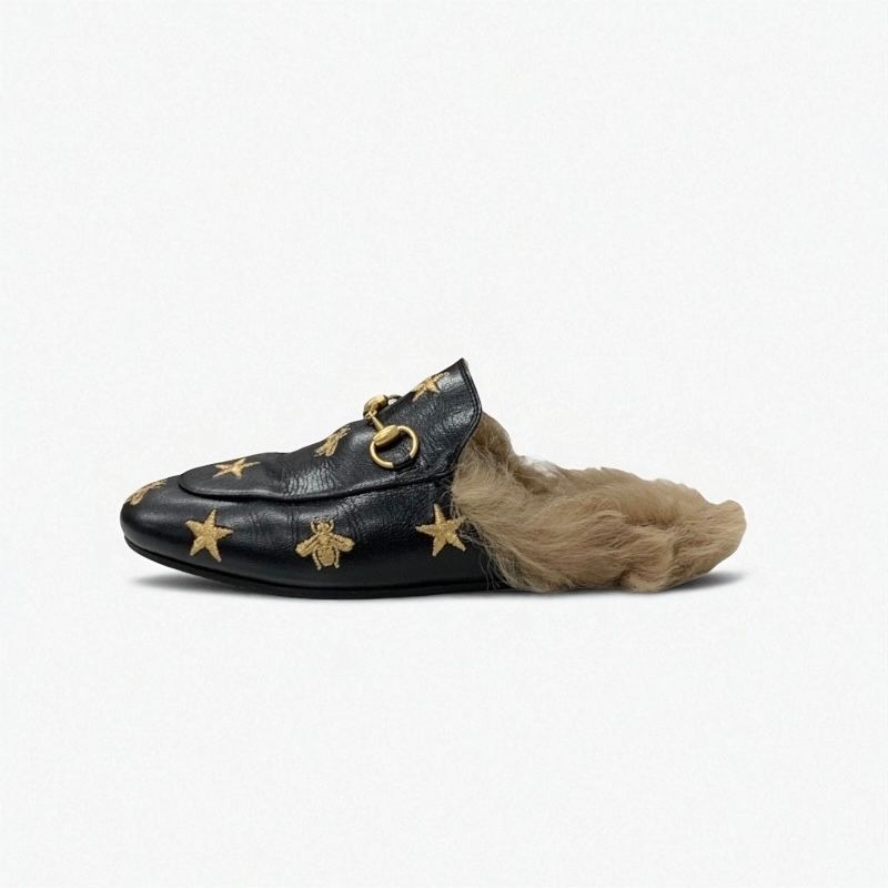 Gucci Prince Town Flat Shoes Leather Fur Black Brown Gold Horsebit Star Bee