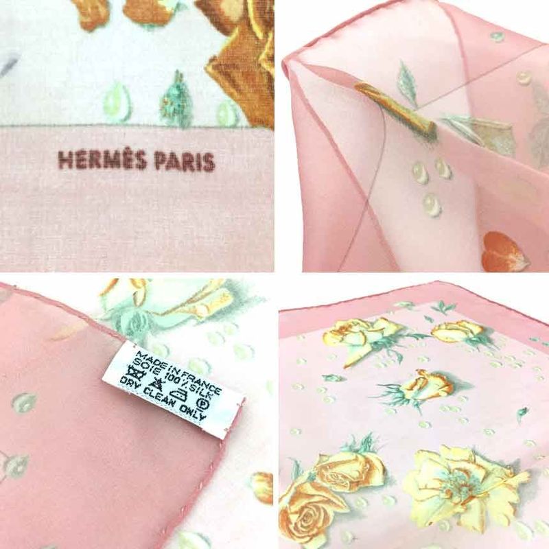 Hermes Scarf Carré 45 La Rosse Dew Roses Flowers Pink Silk Muslin Chiffon
