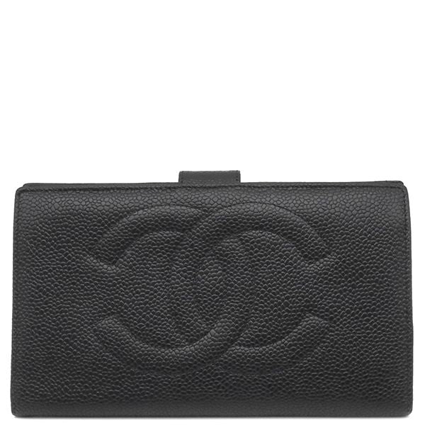 Chanel Long Wallet Coco Mark Clasp Lambskin Caviar Skin Black Gold Hardware