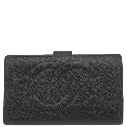 Chanel Long Wallet Coco Mark Clasp Lambskin Caviar Skin Black Gold Hardware