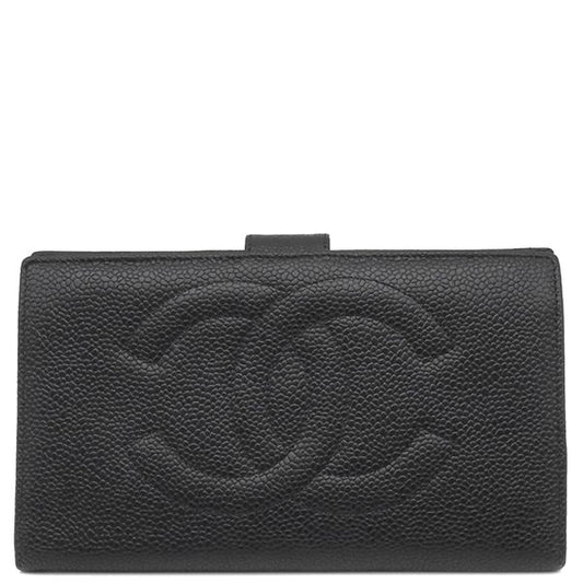 Chanel Long Wallet Coco Mark Clasp Lambskin Caviar Skin Black Gold Hardware