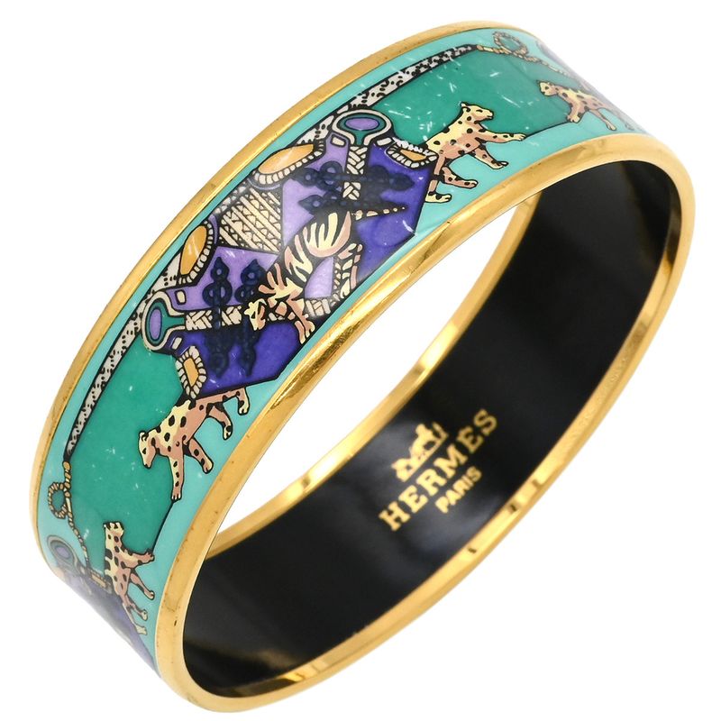 Hermes Bangle Emile GM Cloisonne Green Multicolor Gold Hardware Animal Pattern