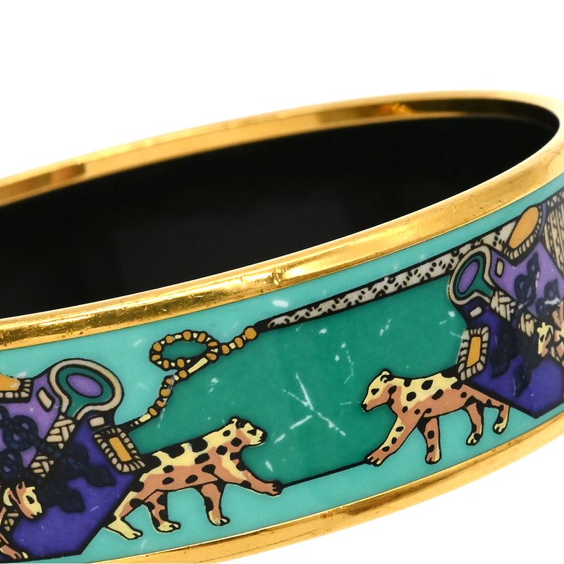 Hermes Bangle Emile GM Cloisonne Green Multicolor Gold Hardware Animal Pattern