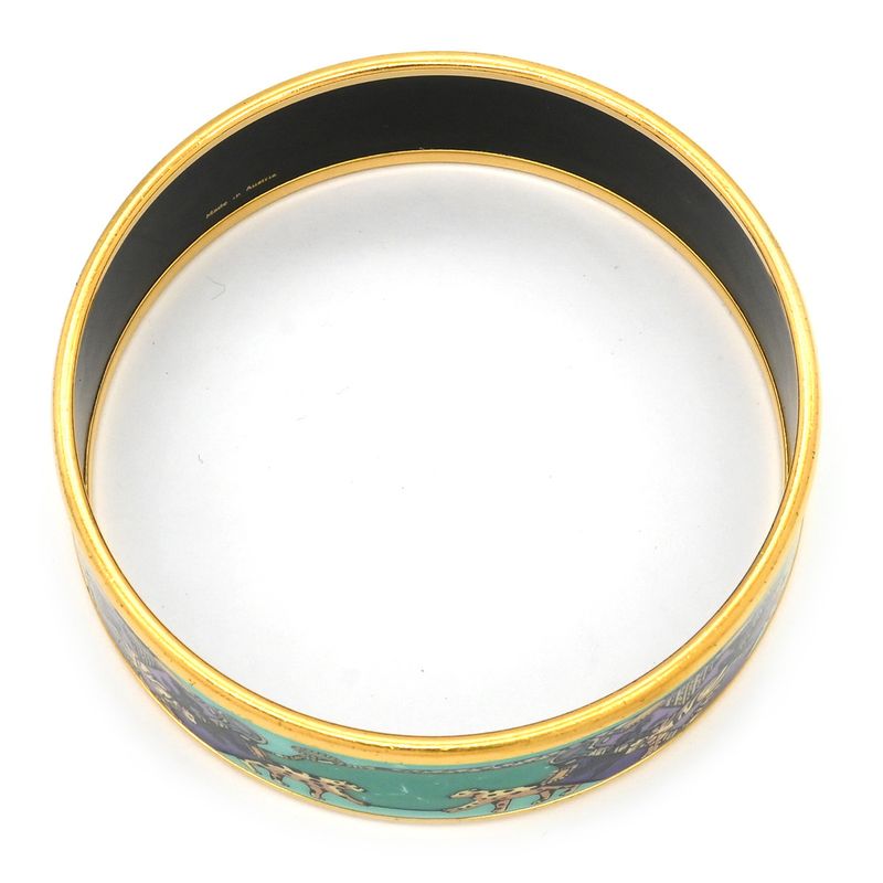 Hermes Bangle Emile GM Cloisonne Green Multicolor Gold Hardware Animal Pattern