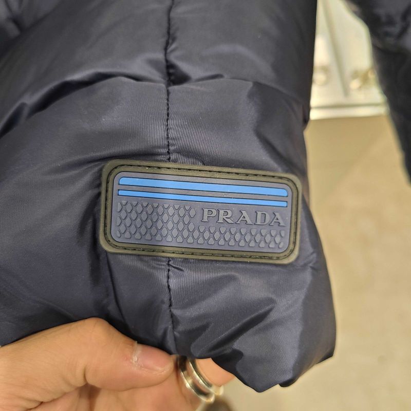 Prada Rubber Wappen Logo Tassel Hooded Zip Up Down Long Jacket Coat Navy Women