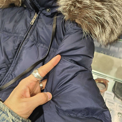 Prada Rubber Wappen Logo Tassel Hooded Zip Up Down Long Jacket Coat Navy Women