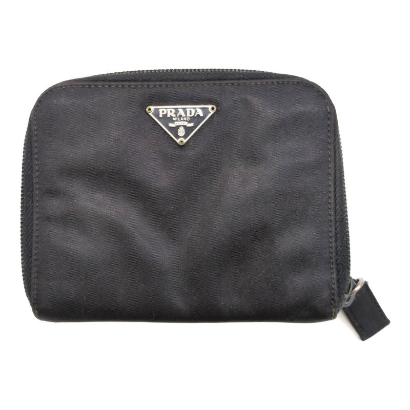 Prada Triangle Logo Plate Nylon Round Zipper Bifold Wallet / Black / Next Day