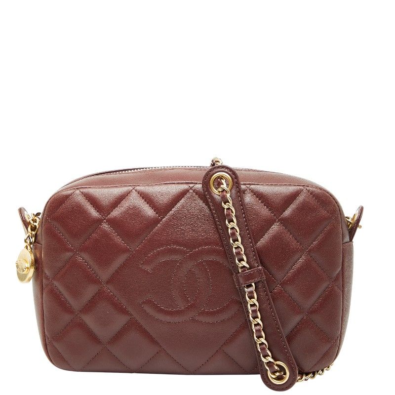 Chanel Matelasse Coco Mark Chain Shoulder Bag Pochette Bordeaux Wine Red Gold