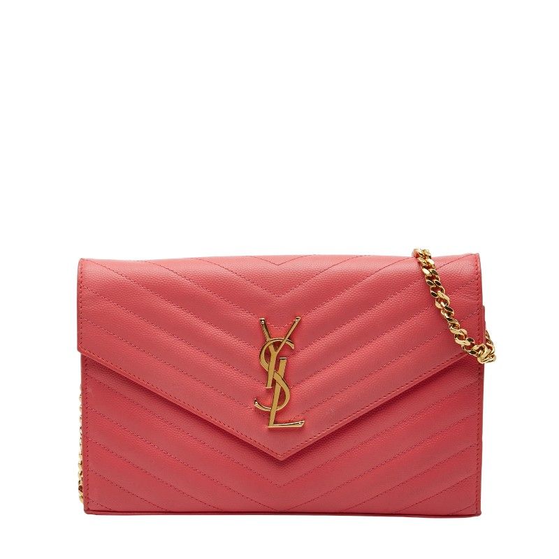 Saint Laurent YSL Logo Embellished Chain Wallet Shoulder Bag Pink Leather Women