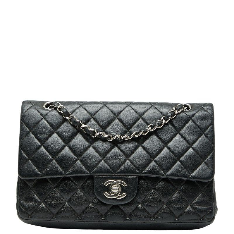 Chanel Matelasse 25 Coco Mark W Flap Chain Shoulder Bag Black Silver Hardware