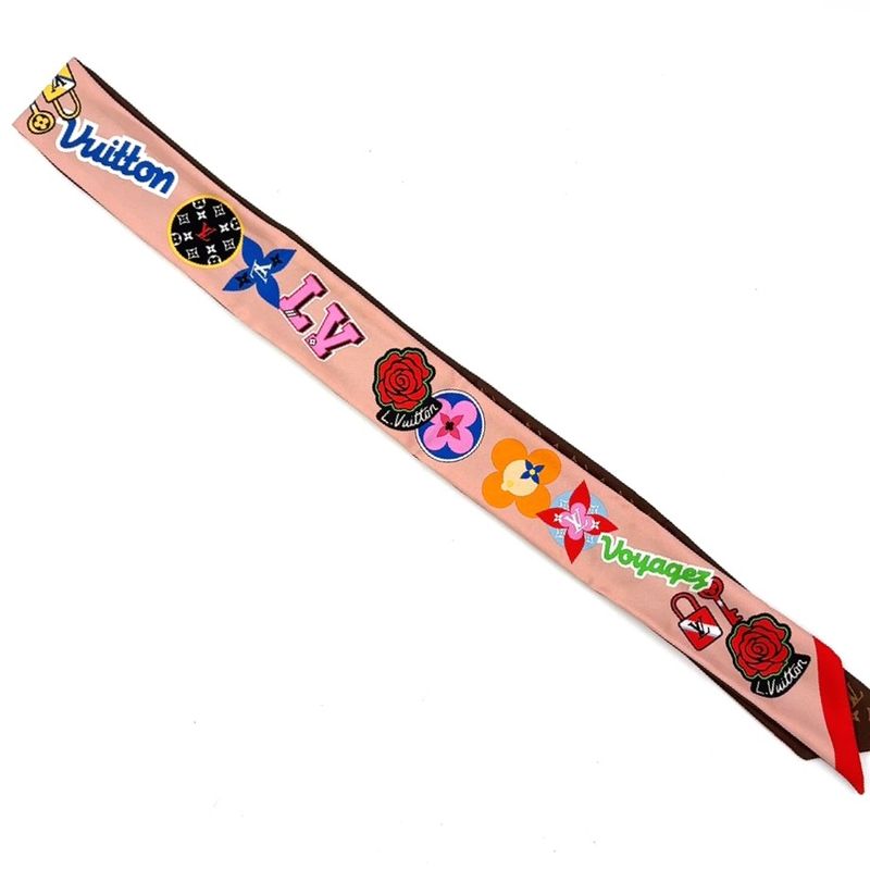 Louis Vuitton Bandeau BB Patches Silk Dusty Pink Brown And Multicolor Scarf