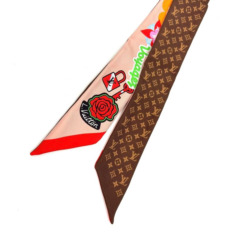 Louis Vuitton Bandeau BB Patches Silk Dusty Pink Brown And Multicolor Scarf