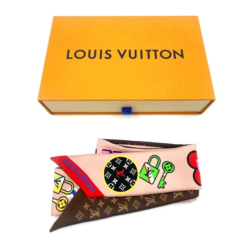 Louis Vuitton Bandeau BB Patches Silk Dusty Pink Brown And Multicolor Scarf