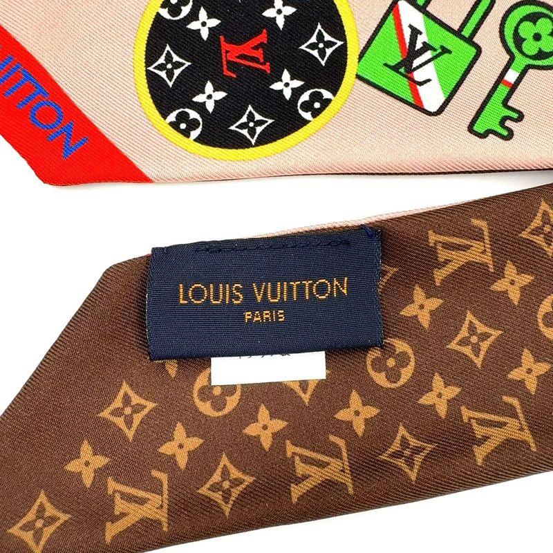 Louis Vuitton Bandeau BB Patches Silk Dusty Pink Brown And Multicolor Scarf