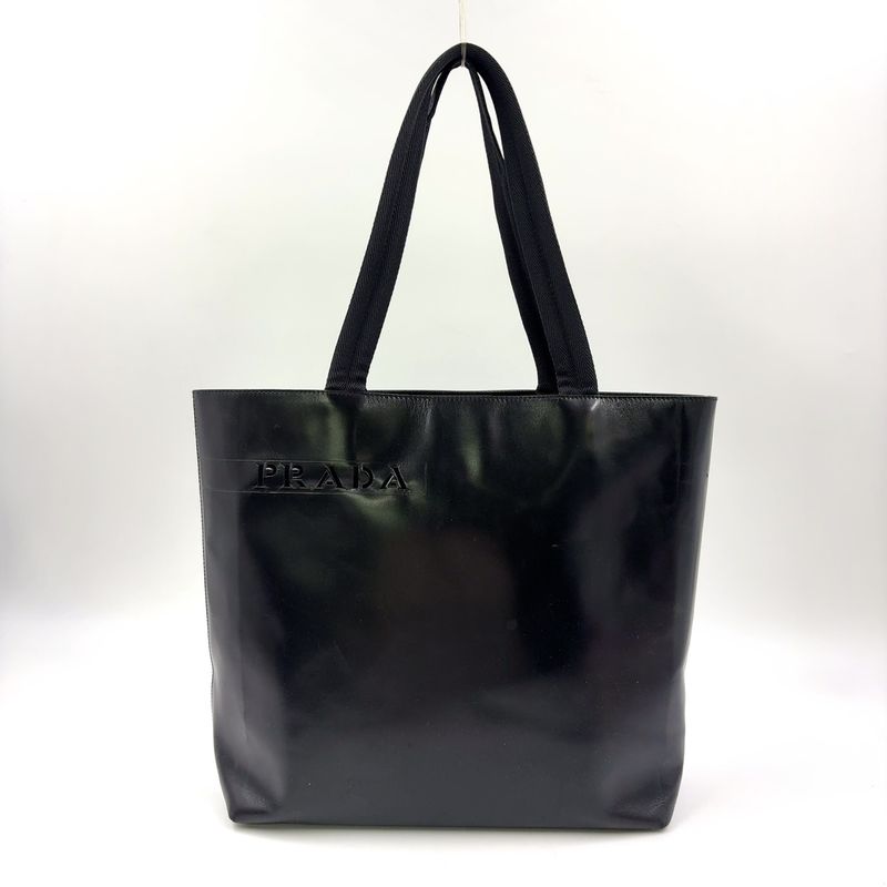 Prada Logo Shape Without Leather Black Tote Bag Silver