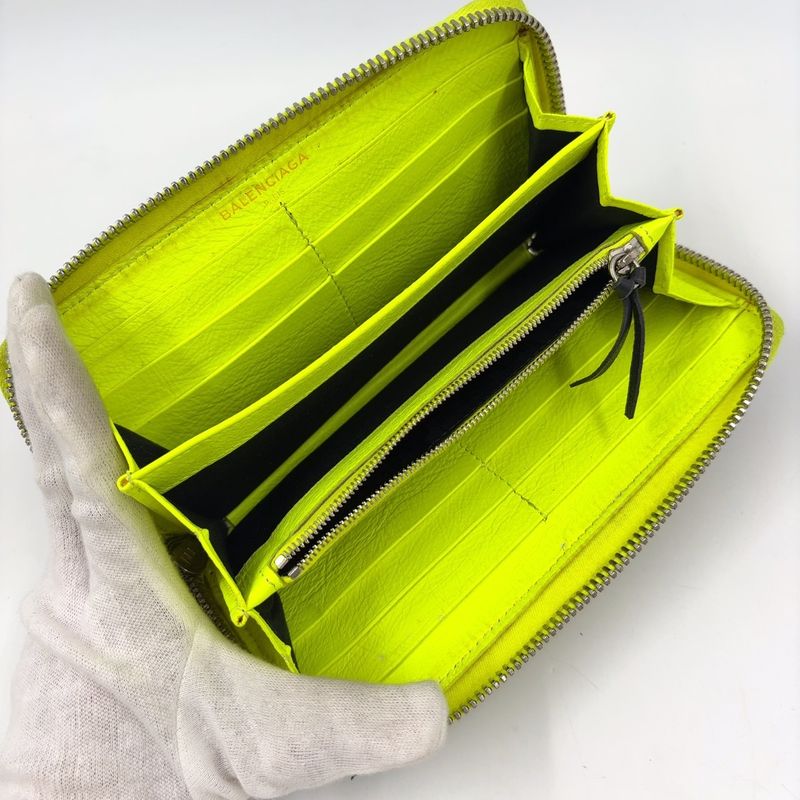 Balenciaga Paper Continental Round Zipper Leather Black And Light Yellow Long