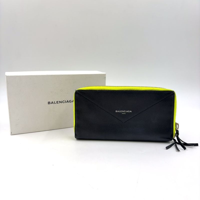 Balenciaga Paper Continental Round Zipper Leather Black And Light Yellow Long