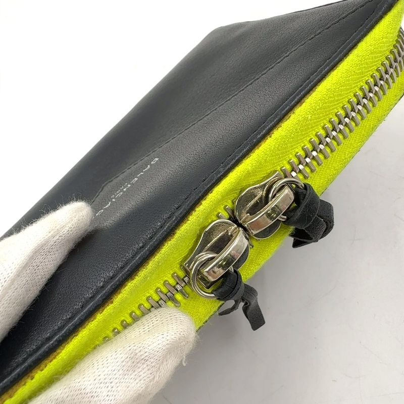 Balenciaga Paper Continental Round Zipper Leather Black And Light Yellow Long