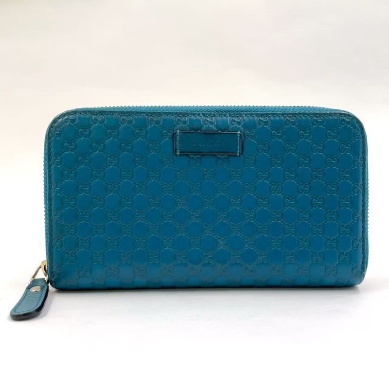 Gucci Micro Guccissima Zip Around Leather Turquoise Blue Wallet Silver
