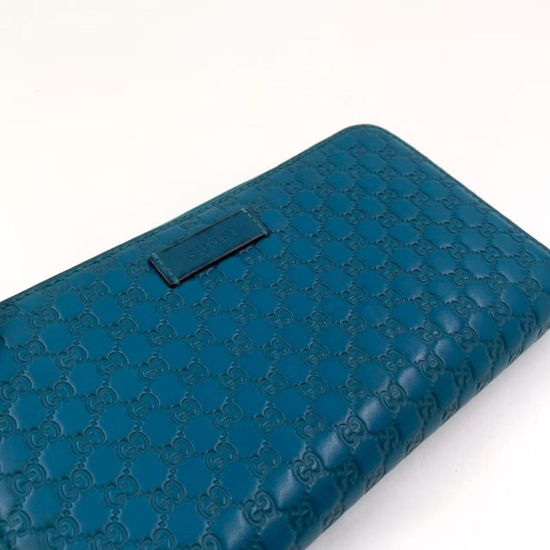 Gucci Micro Guccissima Zip Around Leather Turquoise Blue Wallet Silver