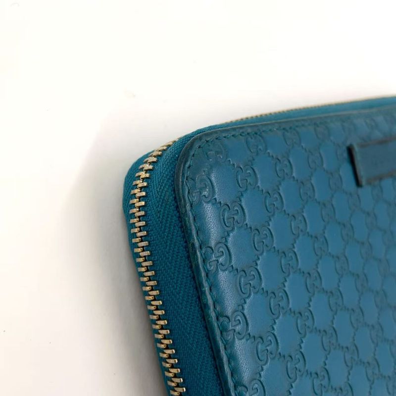 Gucci Micro Guccissima Zip Around Leather Turquoise Blue Wallet Silver