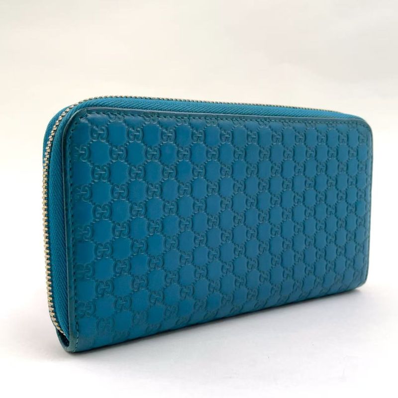 Gucci Micro Guccissima Zip Around Leather Turquoise Blue Wallet Silver