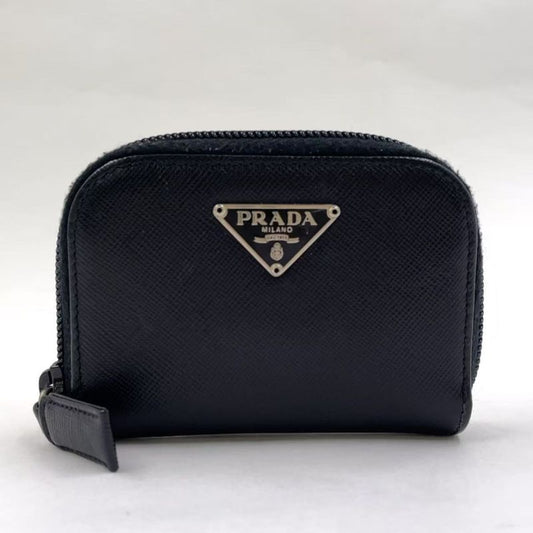 Prada Triangle Logo Coin Case Leather Black Wallet Silver