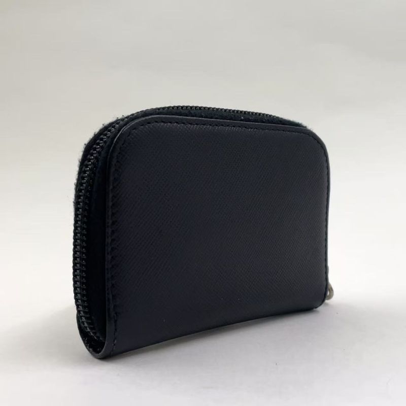 Prada Triangle Logo Coin Case Leather Black Wallet Silver